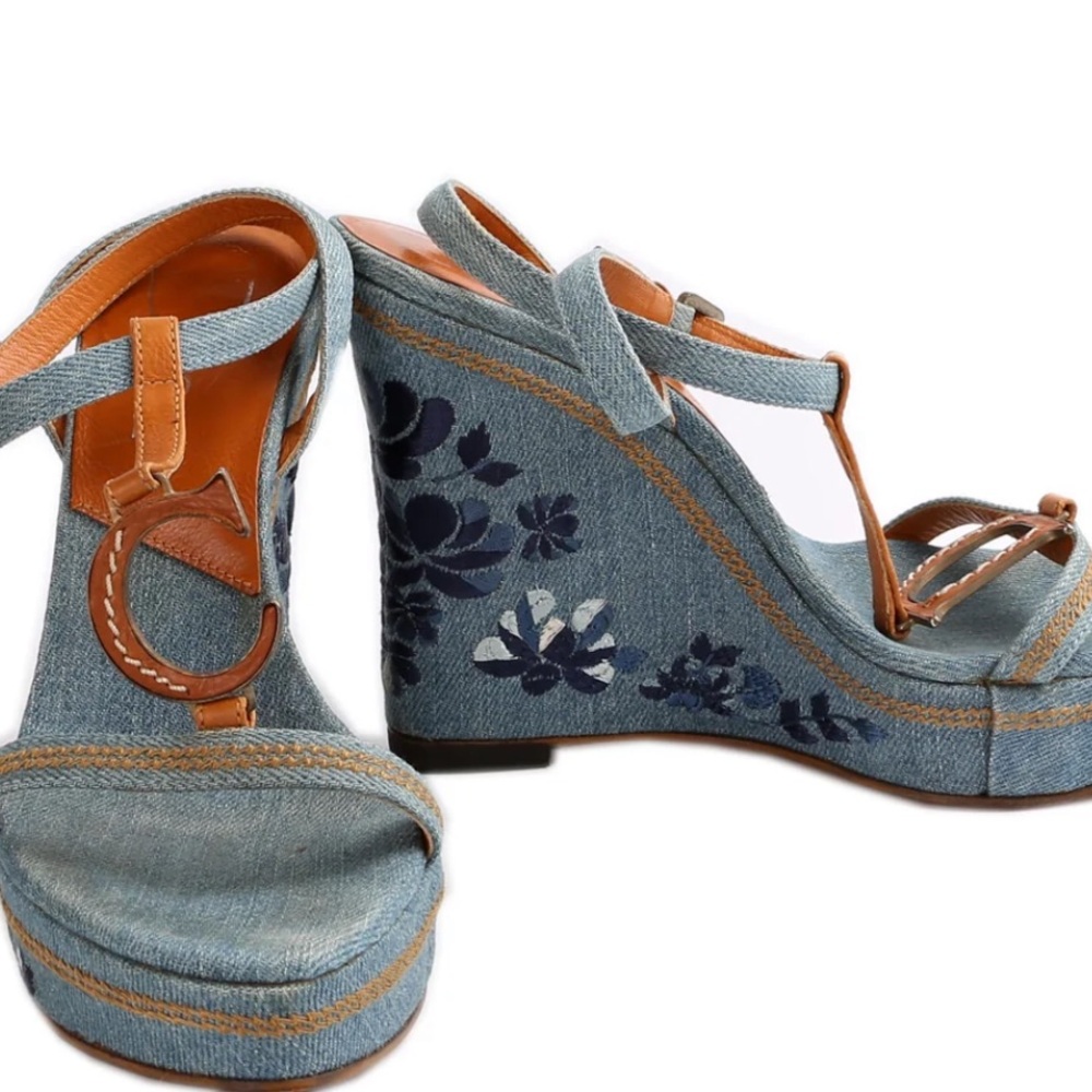 Dior Denim Wedge Sandals with Navy Floral Embroidery